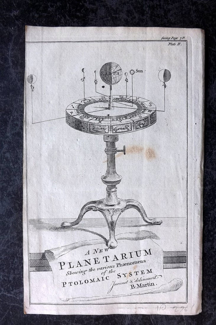 Martin, Benjamin 1759 Astronomy Print. A New Planetarium: Copper Plate Published 1759, London for "The Young Gentleman and Lady's Philosophy... by Benjamin Martin. Paper Size: 8 x 5 inch (21 x 13cm) Very minor toning. Good Condition