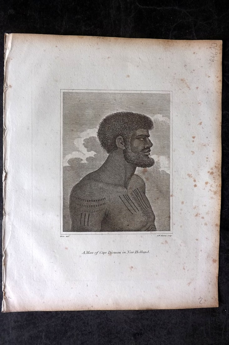 Cooke, George 1801 Print. Aborigine Man of Cape Dieman in New Holland, Australia: Copper Plate Published 1801-07 by Macdonald & Son, London for "Modern and Authentic System of Universal Geography" By George A. Cooke. Paper Size: 10 x 8 inch (26 x 21cm) Minor toning, otherwise Good 