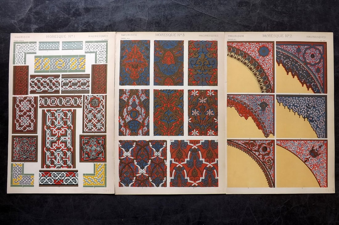 Jones, Owen 1910 Lot of 3 Architectural Design Prints. Moresque (1 of 2)