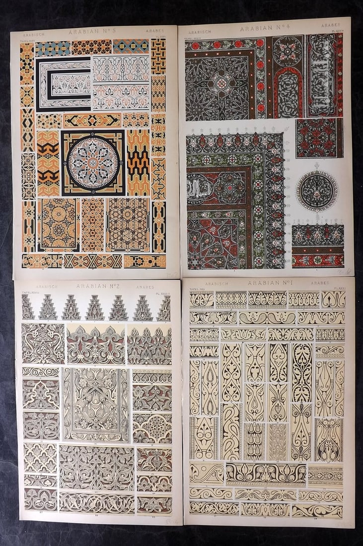 Jones, Owen 1910 Lot of 5 Architectural Design Prints. Arabian: Chromolithograph Published 1910 by Bernard Quaritch, London for "The Grammar of Ornament" by Owen Jones. Paper Size: 13 x 9 inch (33 x 23cm) Good Condition