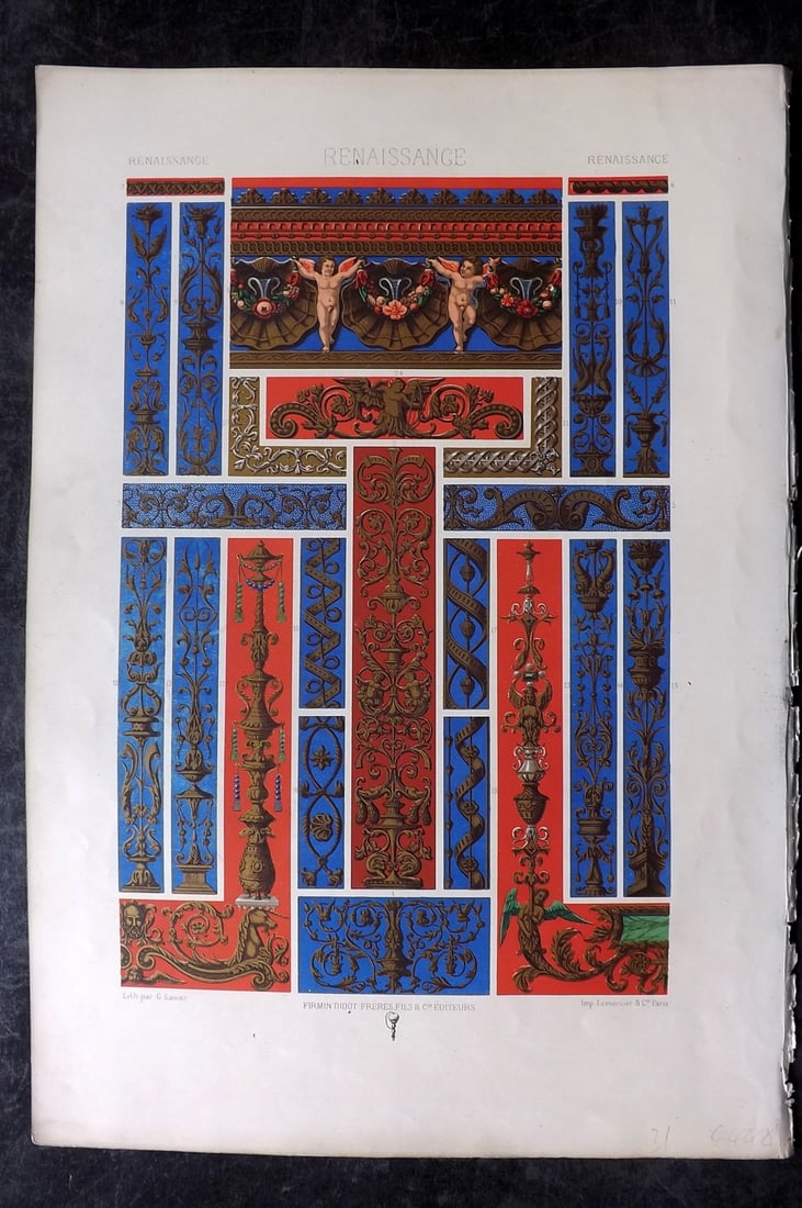 Racinet, Auguste 1871 Folio Architecture Print. Renaissance: Folio Chromolithograph Published 1871, London & Paris for "L'Ornament Polychrome" By Auguste Racinet. Paper Size: 16 x 10.5 inch (40 x 27cm) Approx. Good Condition