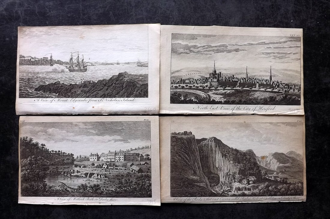 UK 1777 Lot of 4 Antique Prints. British Copper Plate Views: Copper Plate Published 1776-77, London for "A New Display of the Beauties of England" Paper Size: 8 x 5 inch (21 x 13cm) Good Condition