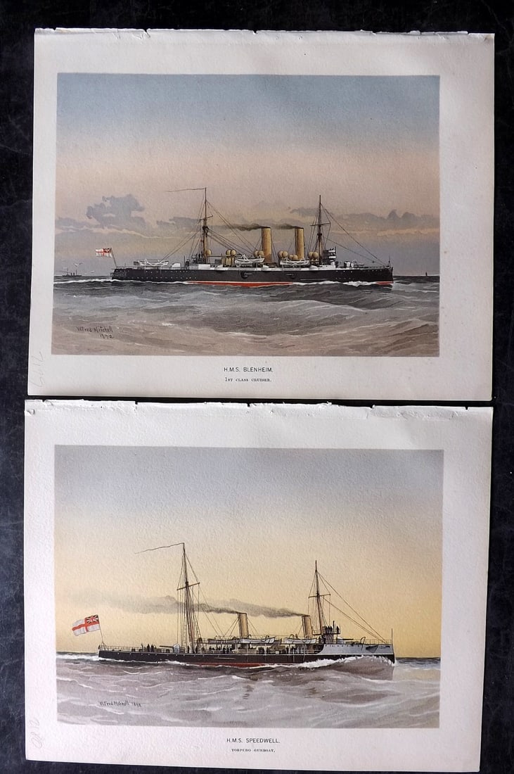 H.M. Navy 1893 Pair of Antique Ship Prints: Chromolithographs Published 1889-1893 by J.S.Virtue & Co., London for "Her Majesty's Navy" By Lt. Charles Rathbone Low. Illustrated by W. Christian Symons and W. Fred Mitchell. Paper Size: 10.5 x 8 in