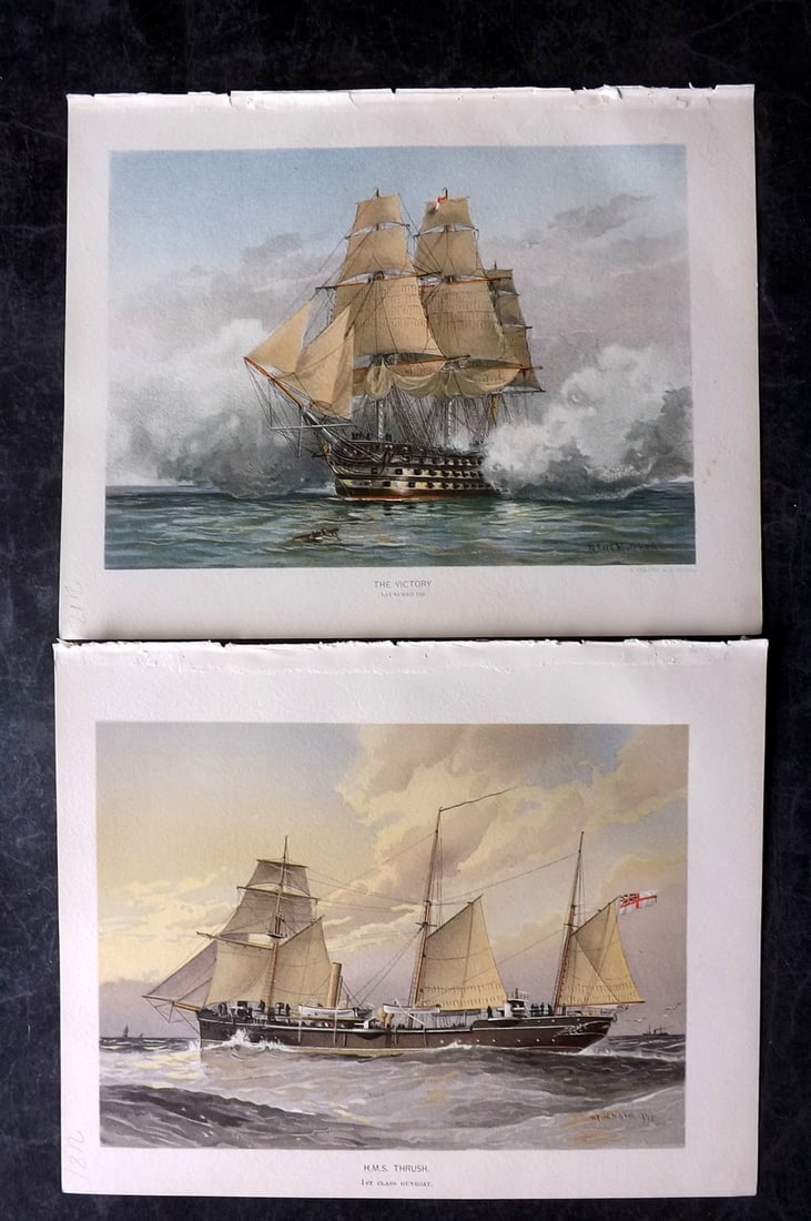 H.M. Navy 1893 Pair of Antique Ship Prints: Chromolithographs Published 1889-1893 by J.S.Virtue & Co., London for "Her Majesty's Navy" By Lt. Charles Rathbone Low. Illustrated by W. Christian Symons and W. Fred Mitchell. Paper Size: 10.5 x 8 in
