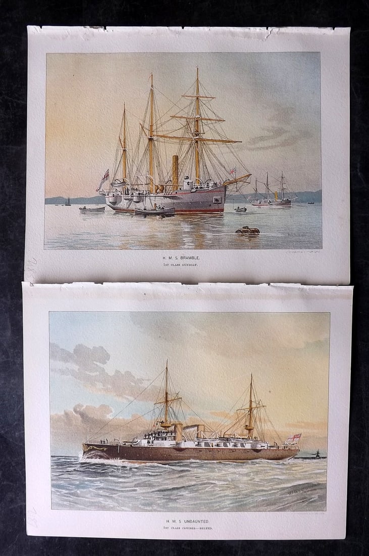 H.M. Navy 1893 Pair of Antique Ship Prints: Chromolithographs Published 1889-1893 by J.S.Virtue & Co., London for "Her Majesty's Navy" By Lt. Charles Rathbone Low. Illustrated by W. Christian Symons and W. Fred Mitchell. Paper Size: 10.5 x 8 in