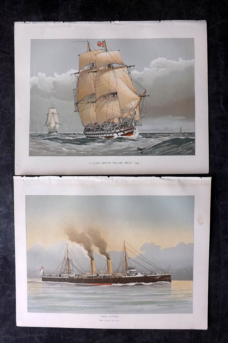 H.M. Navy 1893 Pair of Antique Ship Prints: Chromolithographs Published 1889-1893 by J.S.Virtue & Co., London for "Her Majesty's Navy" By Lt. Charles Rathbone Low. Illustrated by W. Christian Symons and W. Fred Mitchell. Paper Size: 10.5 x 8 in