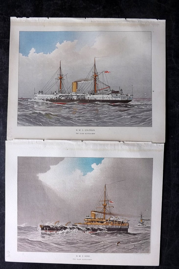 H.M. Navy 1893 Pair of Antique Ship Prints: Chromolithographs Published 1889-1893 by J.S.Virtue & Co., London for "Her Majesty's Navy" By Lt. Charles Rathbone Low. Illustrated by W. Christian Symons and W. Fred Mitchell. Paper Size: 10.5 x 8 in
