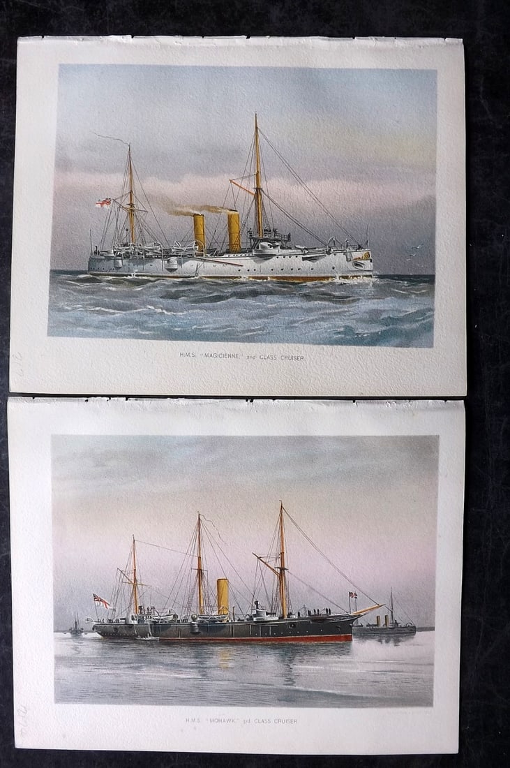 H.M. Navy 1893 Pair of Antique Ship Prints: Chromolithographs Published 1889-1893 by J.S.Virtue & Co., London for "Her Majesty's Navy" By Lt. Charles Rathbone Low. Illustrated by W. Christian Symons and W. Fred Mitchell. Paper Size: 10.5 x 8 in