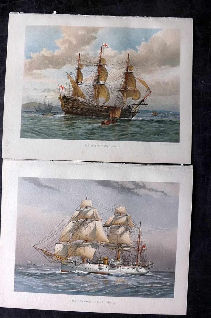 H.M. Navy 1893 Pair of Antique Ship Prints: Chromolithographs Published 1889-1893 by J.S.Virtue & Co., London for "Her Majesty's Navy" By Lt. Charles Rathbone Low. Illustrated by W. Christian Symons and W. Fred Mitchell. Paper Size: 10.5 x 8 in