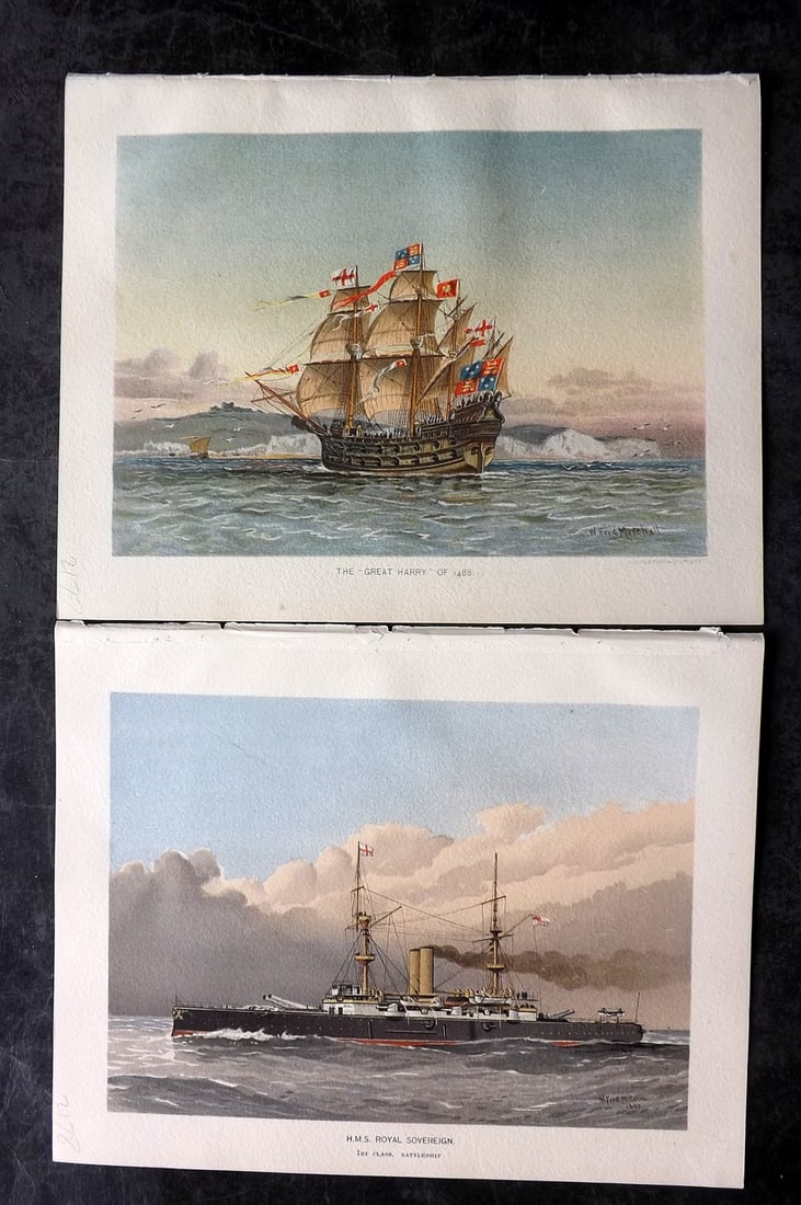 H.M. Navy 1893 Pair of Antique Ship Prints: Chromolithographs Published 1889-1893 by J.S.Virtue & Co., London for "Her Majesty's Navy" By Lt. Charles Rathbone Low. Illustrated by W. Christian Symons and W. Fred Mitchell. Paper Size: 10.5 x 8 in