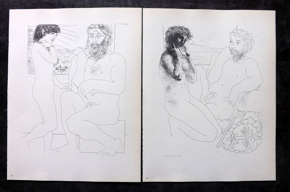 Picasso & Vollard 1956 Pair of Vintage Prints: Photogravures Published 1956, London for "Picasso's Vollard Suite" First English Edition of 100 Etchings created by Picasso between 1930-37. Printed on Good Quality Paper in Germany. Paper Size: 11 x 