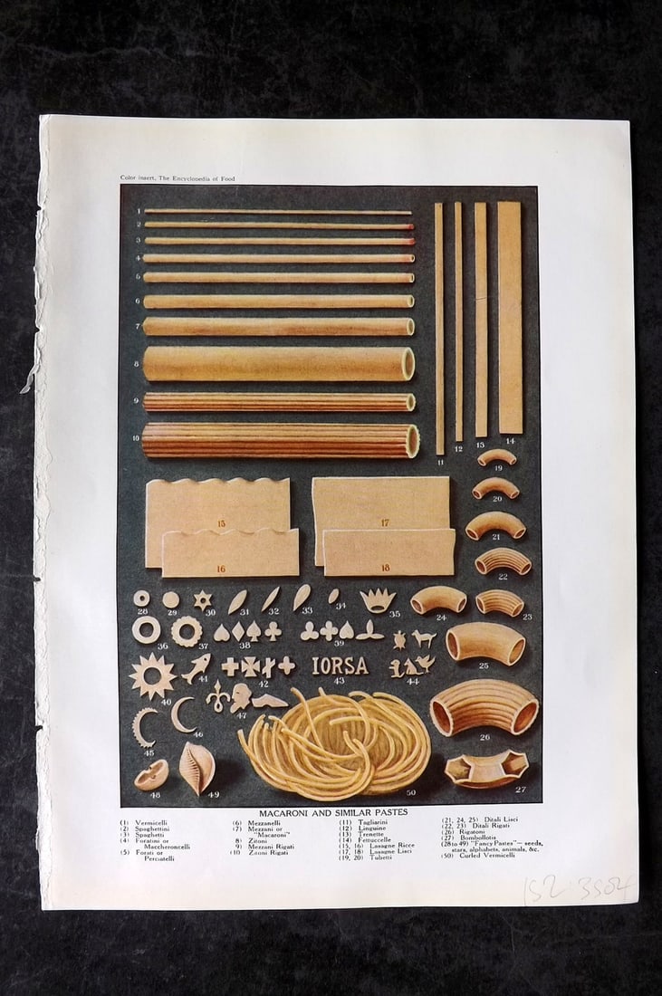 Ward, Artemas 1923 Antique Food Print. Macaroni & Similar Pastas: Offset Lithograph Published 1923, New York for "The Encyclopedia of Food" by Artemas Ward. Paper Size: 10.5 x 7.5 inch (27 x 19cm) Good Condition
