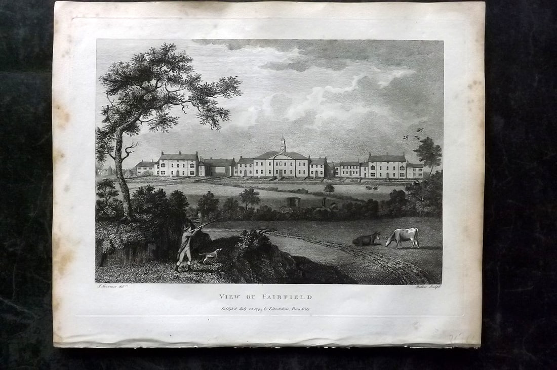 Aiken, John 1795 Print. View of Fairfield: Copper Plate Published 1795, London for "A Description of the Country from Thirty to Forty Miles Round Manchester" by John Aiken. Paper Size: 11.5 x 9 inch (29 x 23cm) Some margin toning, image fine
