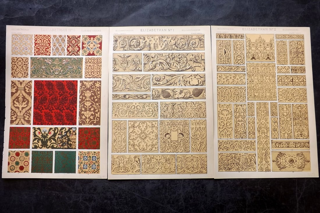 Jones, Owen 1910 Lot of 3 Architectural Design Prints. Elizabethan (1 of 2)