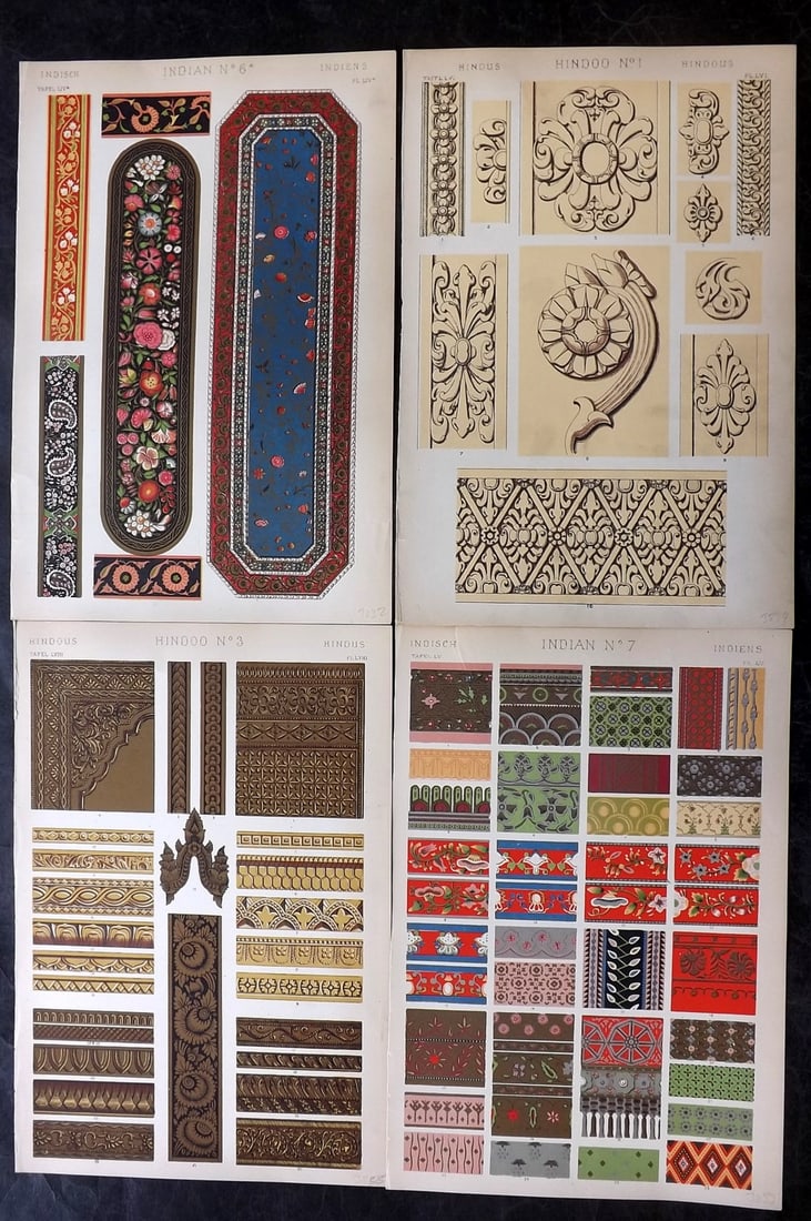 Jones, Owen 1910 Lot of 4 Architectural Design Prints. Indian & Hindoo: Chromolithograph Published 1910 by Bernard Quaritch, London for "The Grammar of Ornament" by Owen Jones. Paper Size: 13 x 9 inch (33 x 23cm) Good Condition