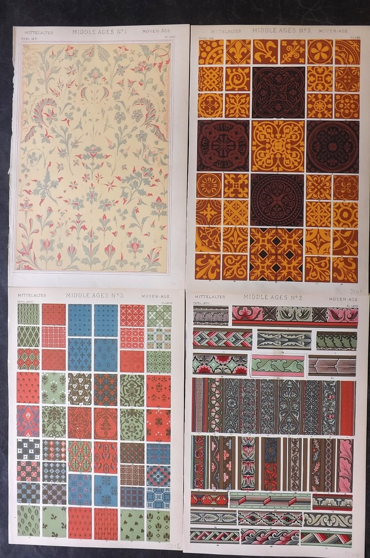 Jones, Owen 1910 Lot of 5 Architectural Design Prints. Middle Ages: Chromolithograph Published 1910 by Bernard Quaritch, London for "The Grammar of Ornament" by Owen Jones. Paper Size: 13 x 9 inch (33 x 23cm) Good Condition