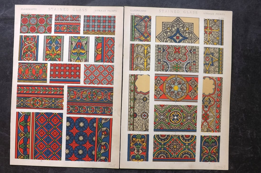 Jones, Owen 1910 Pair of Architectural Design Prints. Stained Glass: Chromolithograph Published 1910 by Bernard Quaritch, London for "The Grammar of Ornament" by Owen Jones. Paper Size: 13 x 9 inch (33 x 23cm) Good Condition