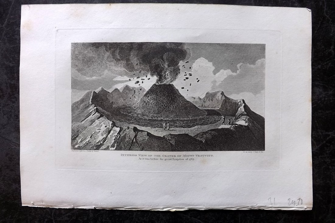 Polehampton, Edward 1823 Print. Crater of Mount Vesuvius, Naples Italy: Copper Plate Published 1823, London for "The Gallery of Nature and Art: or, A Tour Through Creation and Science" by the Rev. Edward Polehampton & John M. Good. Paper Size: 10 x 7 inch (26 x 18cm) Good