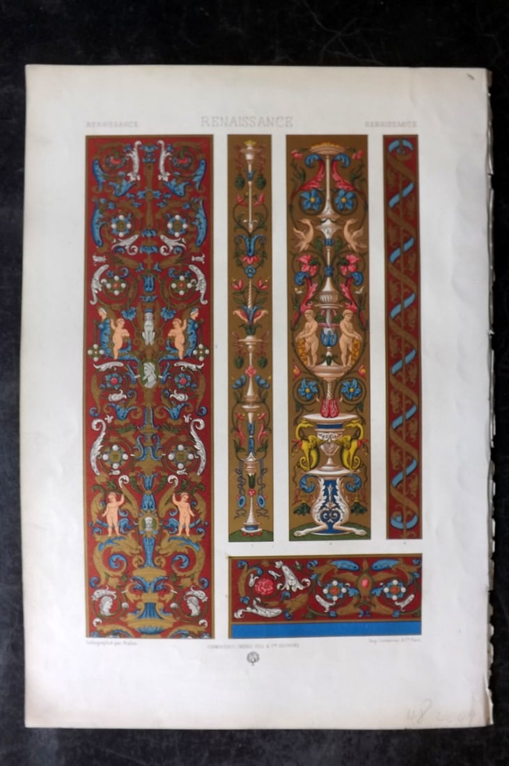 Racinet, Auguste 1871 Folio Architecture Print. Renaissance: Folio Chromolithograph Published 1871, London & Paris for "L'Ornament Polychrome" By Auguste Racinet. Paper Size: 16 x 10.5 inch (40 x 27cm) Approx. Good Condition