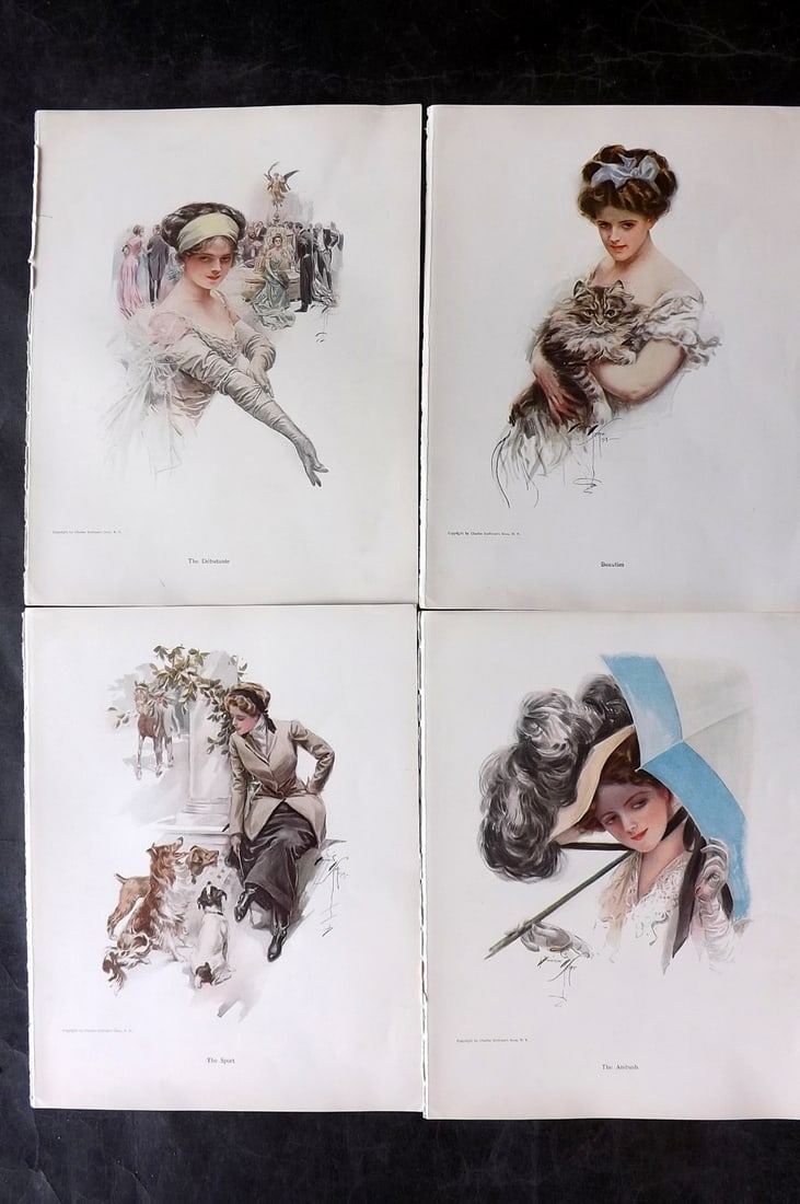 Fisher, Harrison 1911 Lot of 4 American Pretty Ladies: Offset Lithographs Published 1911, New York for "Fair Americans" First Edition by Harrison Fisher. Paper Size: 11 x 8 inch (28 x 21cm) Good Condition