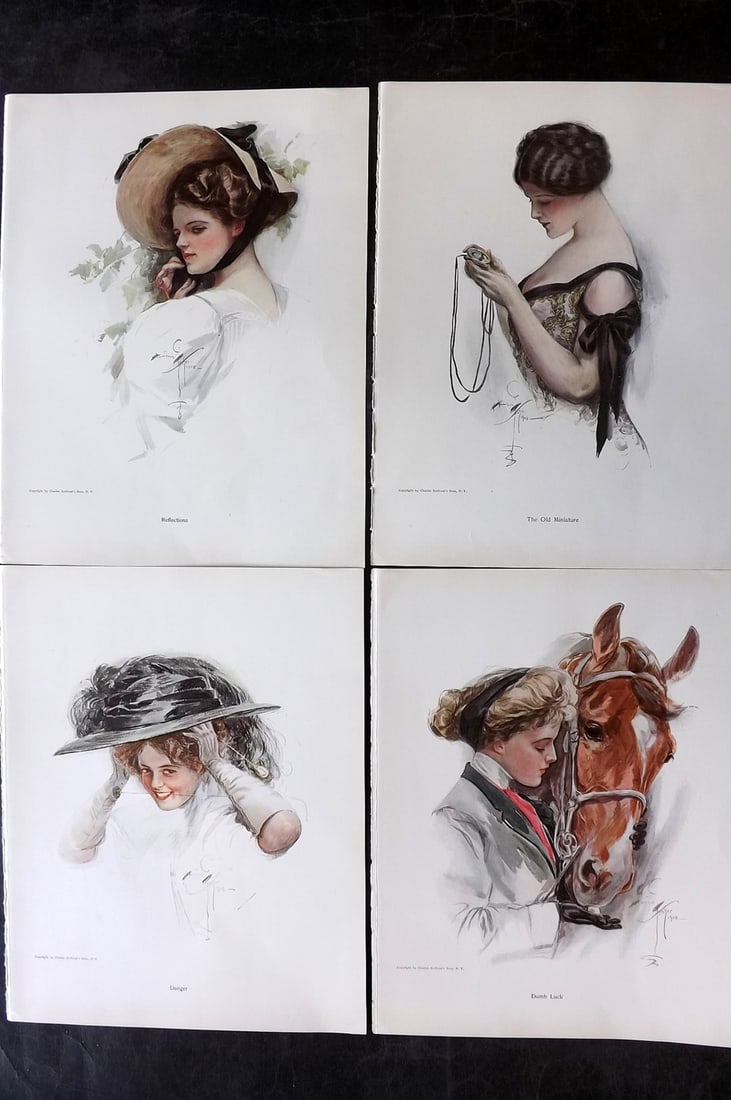 Fisher, Harrison 1911 Lot of 4 American Pretty Ladies: Offset Lithographs Published 1911, New York for "Fair Americans" First Edition by Harrison Fisher. Paper Size: 11 x 8 inch (28 x 21cm) Good Condition