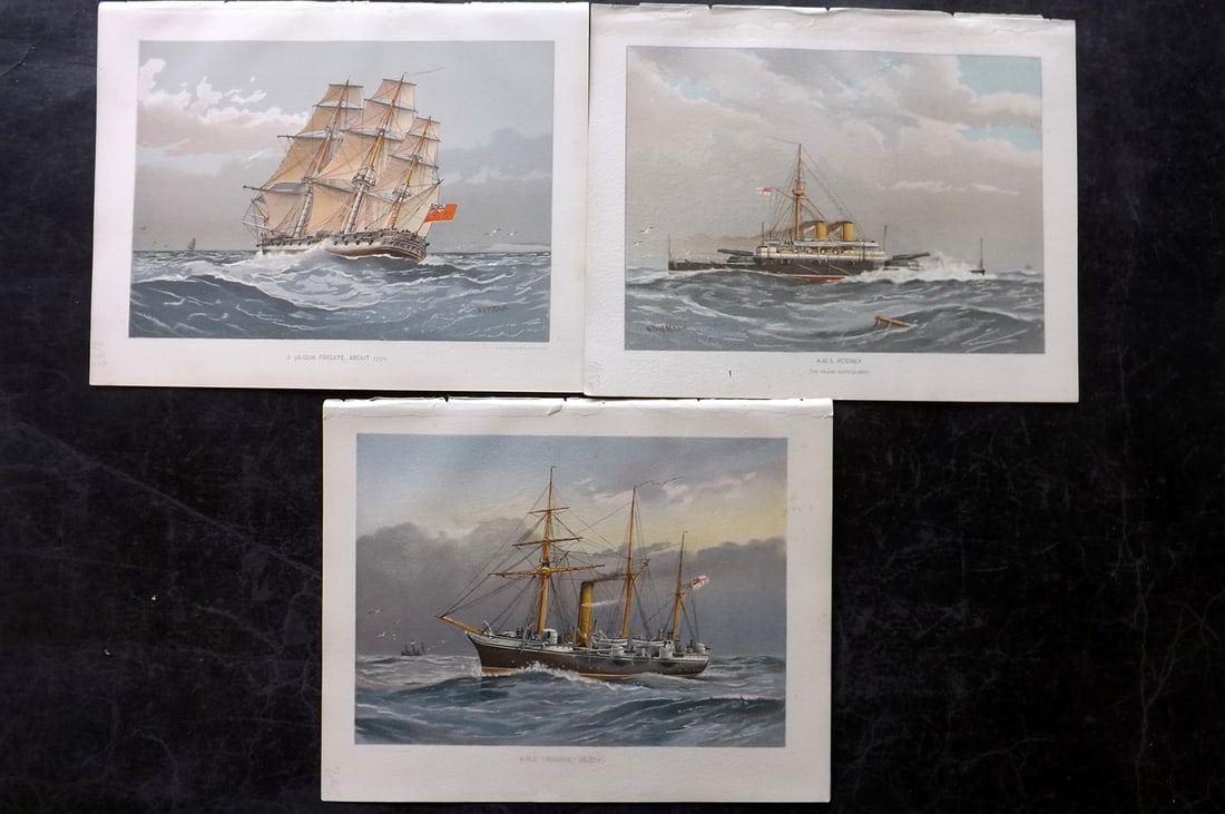 H.M. Navy 1893 Lot of 3 Antique Ship Prints: Chromolithographs Published 1889-1893 by J.S.Virtue & Co., London for "Her Majesty's Navy" By Lt. Charles Rathbone Low. Illustrated by W. Christian Symons and W. Fred Mitchell. Paper Size: 10.5 x 8 in