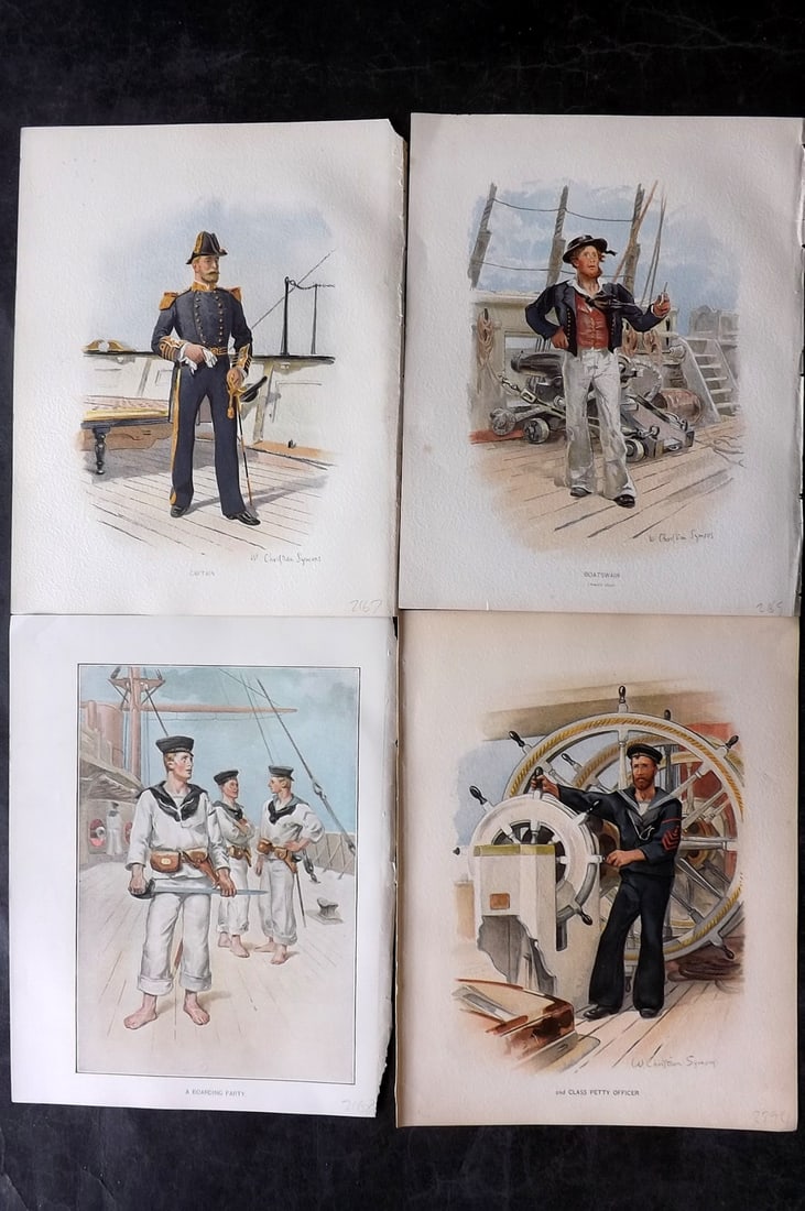 H.M. Navy 1893 Lot of 4 Antique Sailor Prints. Naval Maritime: Chromolithographs Published 1889-1893 by J.S.Virtue & Co., London for "Her Majesty's Navy" By Lt. Charles Rathbone Low. Illustrated by W. Christian Symons and W. Fred Mitchell. Paper Size: 10.5 x 8 in