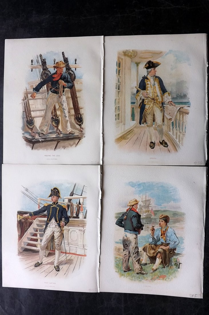 H.M. Navy 1893 Lot of 4 Antique Sailor Prints. Naval Maritime: Chromolithographs Published 1889-1893 by J.S.Virtue & Co., London for "Her Majesty's Navy" By Lt. Charles Rathbone Low. Illustrated by W. Christian Symons and W. Fred Mitchell. Paper Size: 10.5 x 8 in