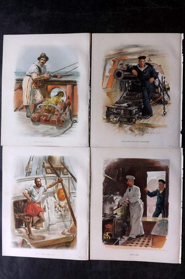 H.M. Navy 1893 Lot of 4 Antique Sailor Prints. Naval Maritime: Chromolithographs Published 1889-1893 by J.S.Virtue & Co., London for "Her Majesty's Navy" By Lt. Charles Rathbone Low. Illustrated by W. Christian Symons and W. Fred Mitchell. Paper Size: 10.5 x 8 in
