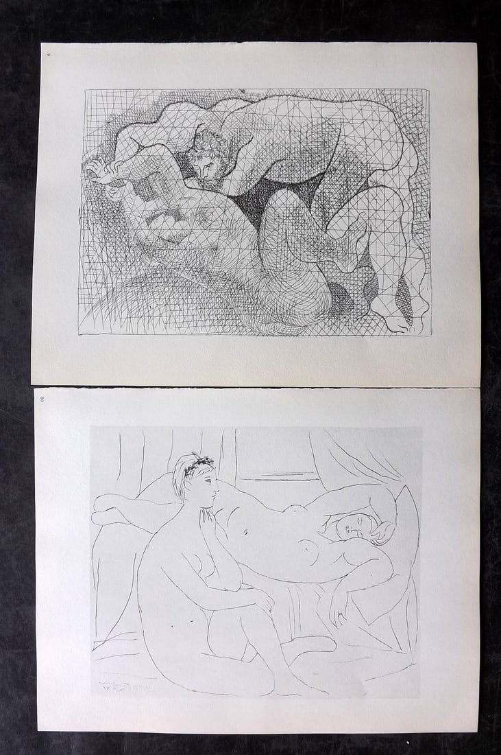 Picasso & Vollard 1956 Pair of Vintage Prints: Photogravures Published 1956, London for "Picasso's Vollard Suite" First English Edition of 100 Etchings created by Picasso between 1930-37. Printed on Good Quality Paper in Germany. Paper Size: 11 x 