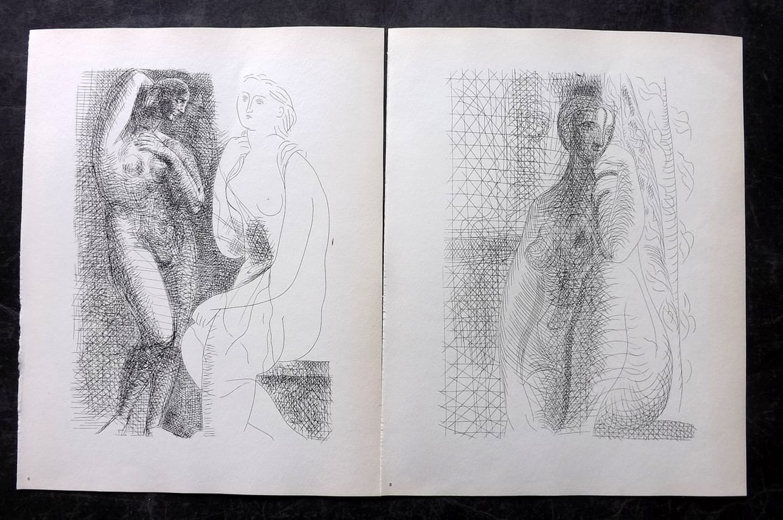 Picasso & Vollard 1956 Pair of Vintage Prints: Photogravures Published 1956, London for "Picasso's Vollard Suite" First English Edition of 100 Etchings created by Picasso between 1930-37. Printed on Good Quality Paper in Germany. Paper Size: 11 x 