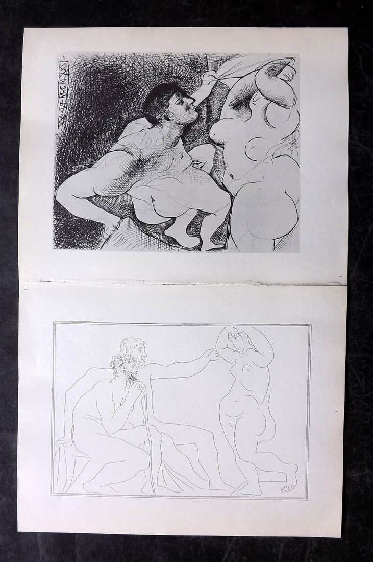 Picasso & Vollard 1956 Pair of Vintage Prints: Photogravures Published 1956, London for "Picasso's Vollard Suite" First English Edition of 100 Etchings created by Picasso between 1930-37. Printed on Good Quality Paper in Germany. Paper Size: 11 x 