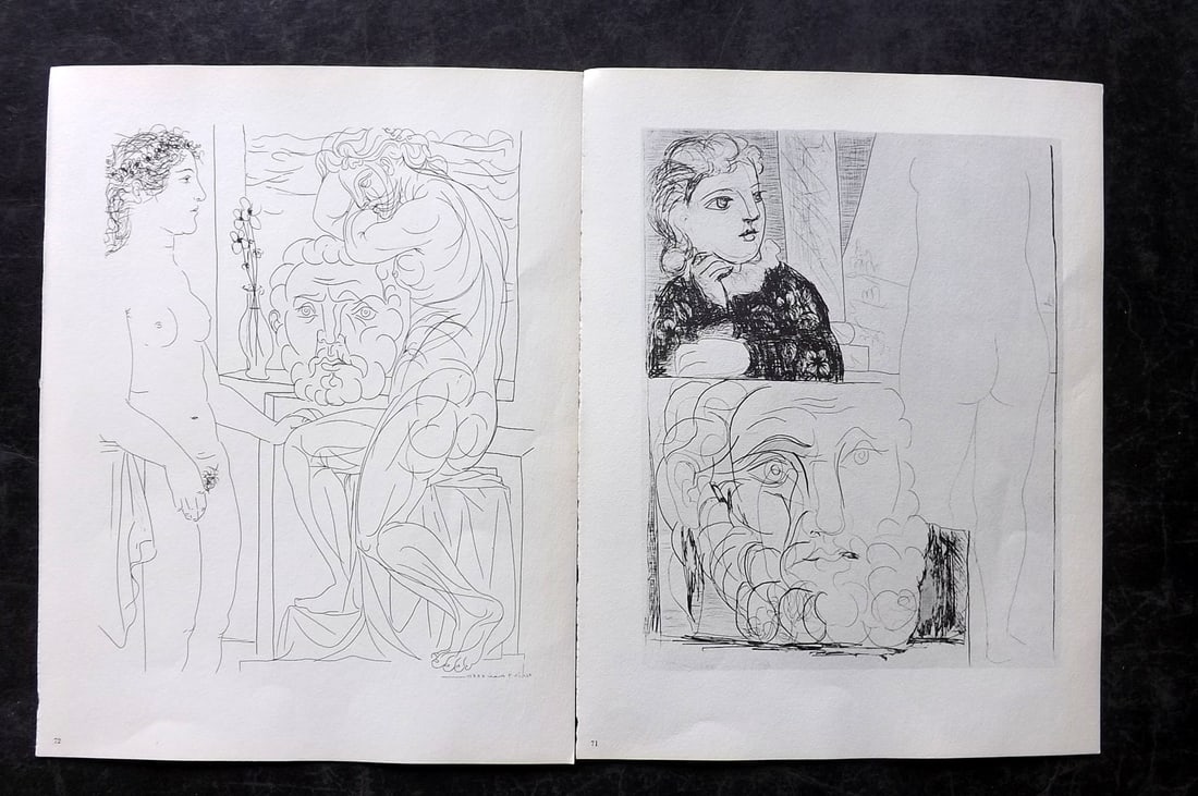 Picasso & Vollard 1956 Pair of Vintage Prints: Photogravures Published 1956, London for "Picasso's Vollard Suite" First English Edition of 100 Etchings created by Picasso between 1930-37. Printed on Good Quality Paper in Germany. Paper Size: 11 x 