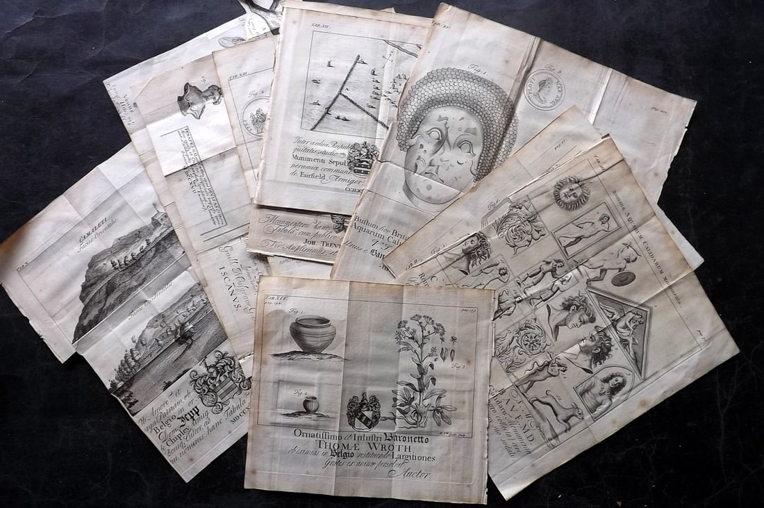Musgrave, William 1719 Lot of 13 British Roman Antiquities Prints: Copper Plates Published 1719, London for "Belgium Britannicum In Quo Illius Limites?" by William Musgrave. Folds as issued. Paper Size: Up to 11 x 10 inch (28 x 25cm) Some tone spotting, a couple with