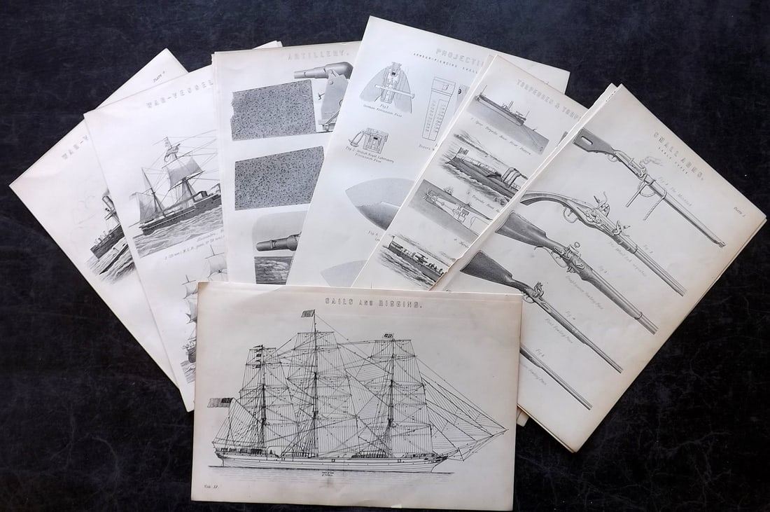 National Encyclopedia 1891 Lot of 16 Ships, Naval, Military & Weapons Prints: Woodblock/Steel Engravings Published 1891-1901 by William Mackenzie, London for "The National Encyclopedia: A dictionary of Universal Knowledge" Paper Size: 9.5 x 6 inch (24 x 15cm) Good Condition