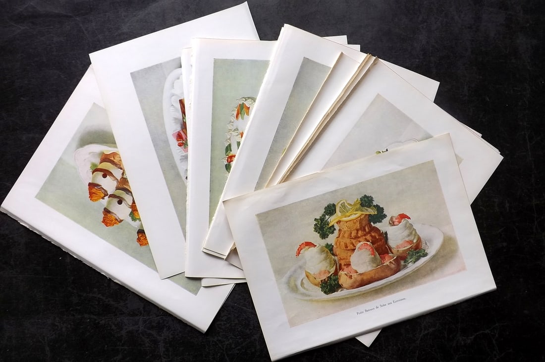 Fairclough, M. A. 1950 Lot of 18 Vintage Food Prints: Offset Lithograph Published 1950, London for "The Ideal Cookery Book" M. A. Fairclough. Paper Size: 10 x 7 inch (26 x 18cm) Good Condition