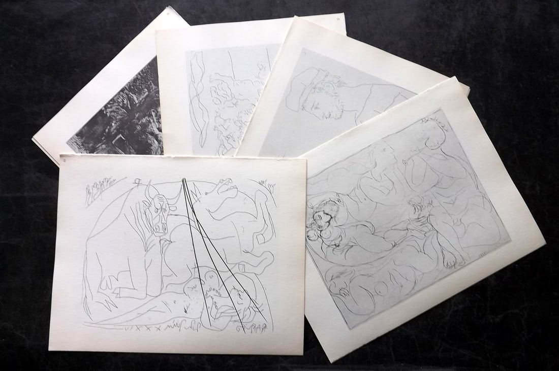 Picasso & Vollard 1956 Lot of 12 Vintage Prints: Photogravures Published 1956, London for "Picasso's Vollard Suite" First English Edition of 100 Etchings created by Picasso between 1930-37. Printed on Good Quality Paper in Germany. Paper Size: 11 x 