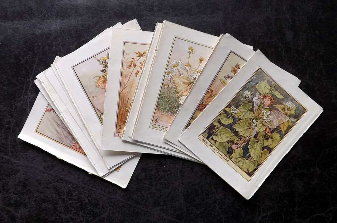 Barker, Cicely Mary C1940 Lot of 24 Flower-Fairy Prints - Wayside: Wayside Fairies. Lithographs Published C1935-45 by Blackie & Son, London & Glasgow for the "Flower-Fairies" Series by Cicely Mary Barker. Reverse side blank. Paper Size: 5.5 x 4 inch (14 x 10cm) A few