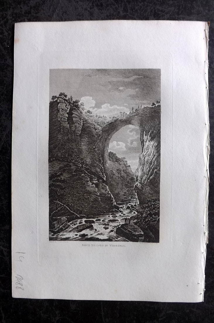 Polehampton, Edward 1823 Print. Rock Bridge, Virginia USA: Copper Plate Published 1823, London for "The Gallery of Nature and Art: or, A Tour Through Creation and Science" by the Rev. Edward Polehampton & John M. Good. Paper Size: 10 x 7 inch (26 x 18cm) Good