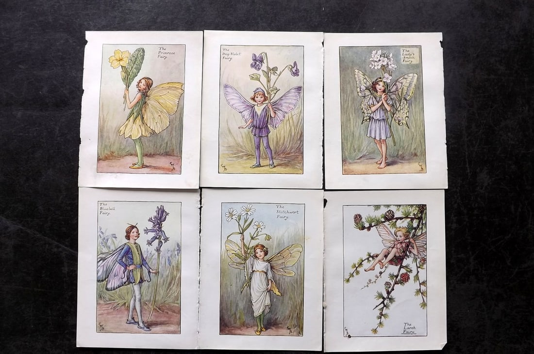 Barker, Cicely Mary C1940 Lot of 6 Flower-Fairy Prints - Spring: Spring Fairies. Lithographs Published C1935-45 by Blackie & Son, London & Glasgow for the "Flower-Fairies" Series by Cicely Mary Barker. Reverse side blank. Paper Size: 5.5 x 4 inch (14 x 10cm) Good C