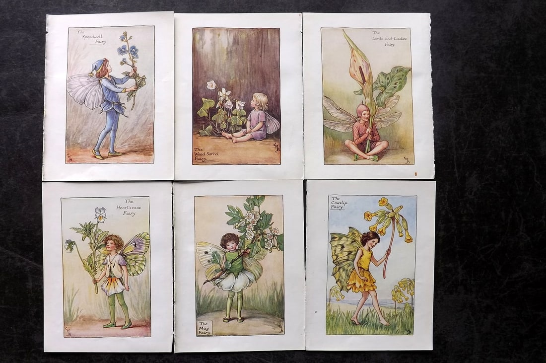 Barker, Cicely Mary C1940 Lot of 6 Flower-Fairy Prints - Spring: Spring Fairies. Lithographs Published C1935-45 by Blackie & Son, London & Glasgow for the "Flower-Fairies" Series by Cicely Mary Barker. Reverse side blank. Paper Size: 5.5 x 4 inch (14 x 10cm) Good C