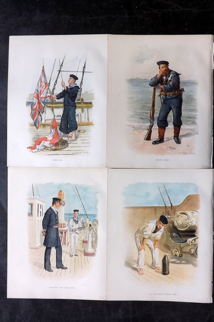 H.M. Navy 1893 Lot of 4 Antique Sailor Prints. Naval Maritime: Chromolithographs Published 1889-1893 by J.S.Virtue & Co., London for "Her Majesty's Navy" By Lt. Charles Rathbone Low. Illustrated by W. Christian Symons and W. Fred Mitchell. Paper Size: 10.5 x 8 in