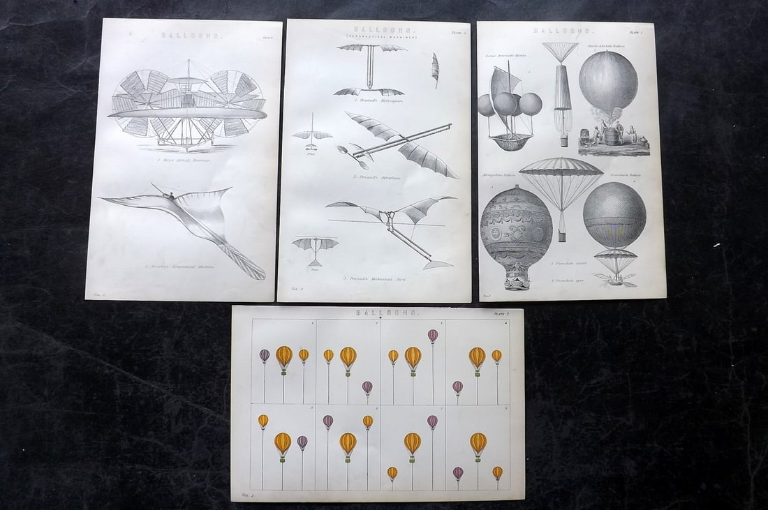 National Encyclopedia 1891 Lot of 4 Prints. Balloons Aeronautics: Woodblock/Steel Engravings and one Chromolithograph Published 1891-1901 by William Mackenzie, London for "The National Encyclopedia: A dictionary of Universal Knowledge" Paper Size: 9.5 x 6 inch (24 x