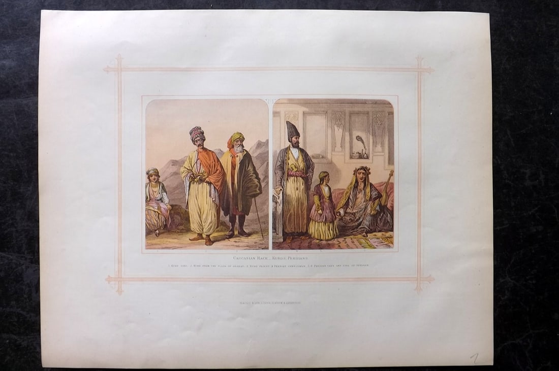 Blackie (Pub) 1882 Folio Print. Caucasian Race - Kurds, Persians: Color Printed Woodblock Published 1882 by Blackie & Son, London for "The Comprehensive Atlas & Geography of the World" by W. G. Blackie. Paper Size: 15 x 12 inch (38 x 30cm) Good condition