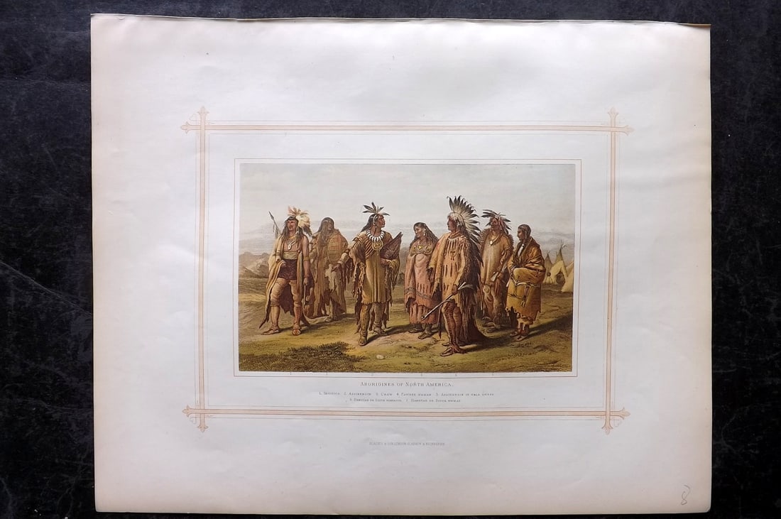 Blackie (Pub) 1882 Folio Print. North American Indians, USA: "Aborigines of North America" Showing tribes of Iriouis, Assineboin, Pawnee, Sioux Warrior and Woman. Color Printed Woodblock Published 1882 by Blackie & Son, London for "The Comprehensive Atlas & Geo