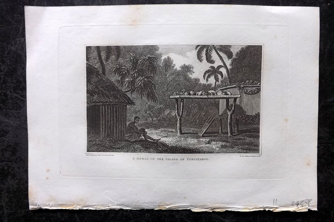 Polehampton, Edward 1823 Print. Morai, Island of Tongataboo Pacific: Copper Plate Published 1823, London for "The Gallery of Nature and Art: or, A Tour Through Creation and Science" by the Rev. Edward Polehampton & John M. Good. Paper Size: 10 x 7 inch (26 x 18cm) Mino