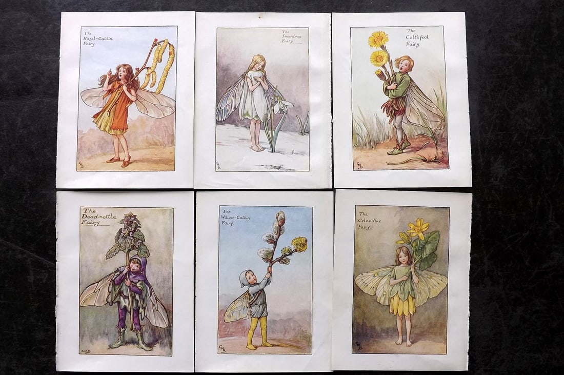 Barker, Cicely Mary C1940 Lot of 6 Flower-Fairy Prints - Spring: Spring Fairies. Lithographs Published C1935-45 by Blackie & Son, London & Glasgow for the "Flower-Fairies" Series by Cicely Mary Barker. Reverse side blank. Paper Size: 5.5 x 4 inch (14 x 10cm) Good C