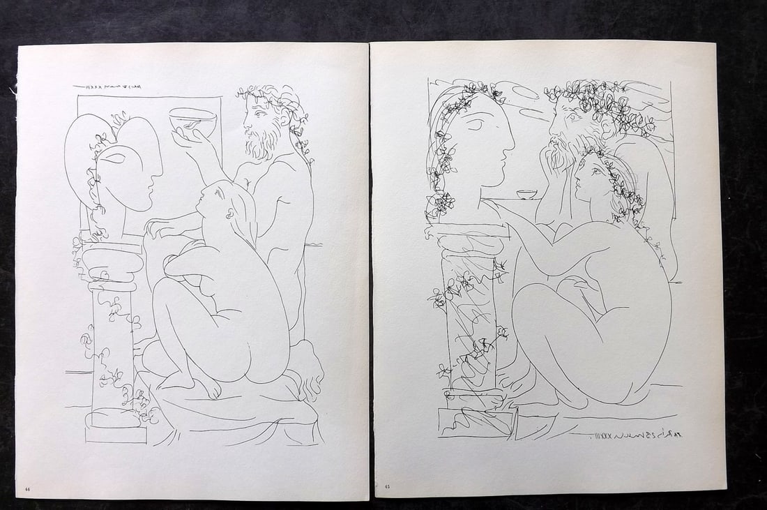 Picasso & Vollard 1956 Pair of Vintage Prints: Photogravures Published 1956, London for "Picasso's Vollard Suite" First English Edition of 100 Etchings created by Picasso between 1930-37. Printed on Good Quality Paper in Germany. Paper Size: 11 x 