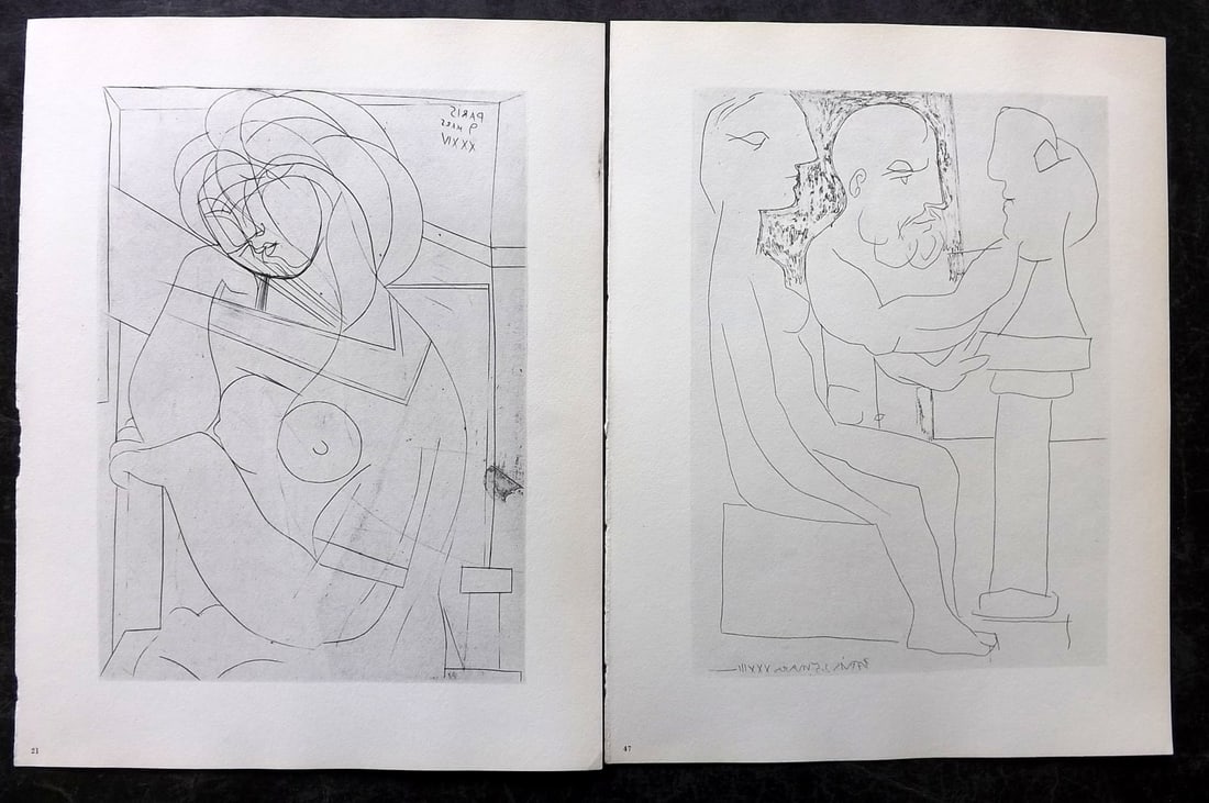 Picasso & Vollard 1956 Pair of Vintage Prints: Photogravures Published 1956, London for "Picasso's Vollard Suite" First English Edition of 100 Etchings created by Picasso between 1930-37. Printed on Good Quality Paper in Germany. Paper Size: 11 x 