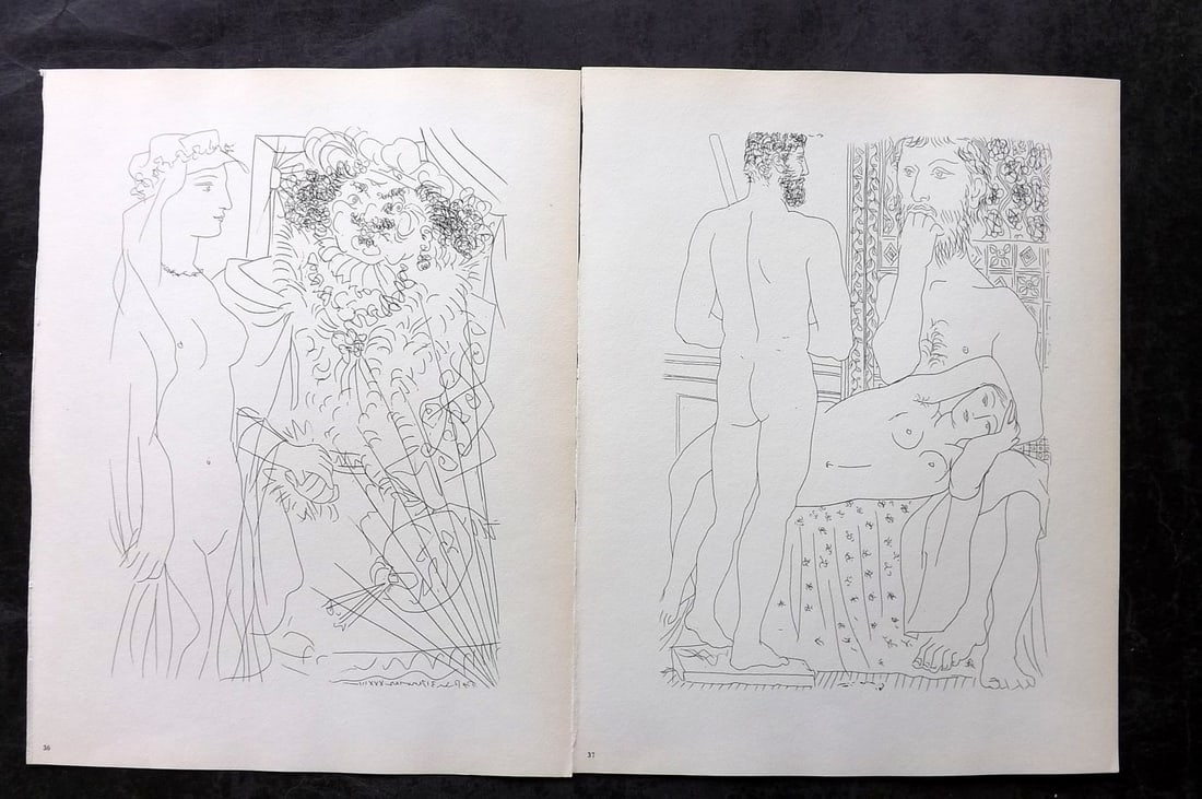 Picasso & Vollard 1956 Pair of Vintage Prints: Photogravures Published 1956, London for "Picasso's Vollard Suite" First English Edition of 100 Etchings created by Picasso between 1930-37. Printed on Good Quality Paper in Germany. Paper Size: 11 x 